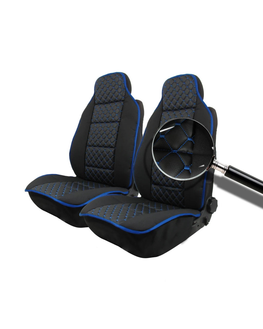 Комплект Универсална Тапицерия Тип Масажор 1+1 за Предни Седалки Лукс Черна със Син шев, Еко Кожа