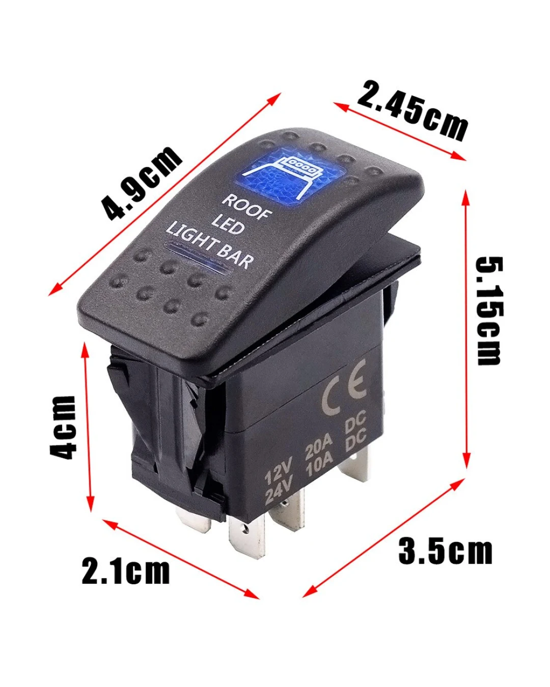 Копче, Бутон, За Вграждане, за LED Лед Бар, Халоген, Светлини, 12V - 24V, Надпис  ROOF LED LIGHT BAR , Синя Светлина