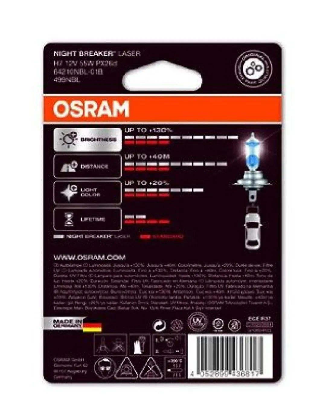 Крушка за фар Osram H7 Night Breaker Laser, Халоген, +130%, 55W, 12V, Px26D, 1 брой