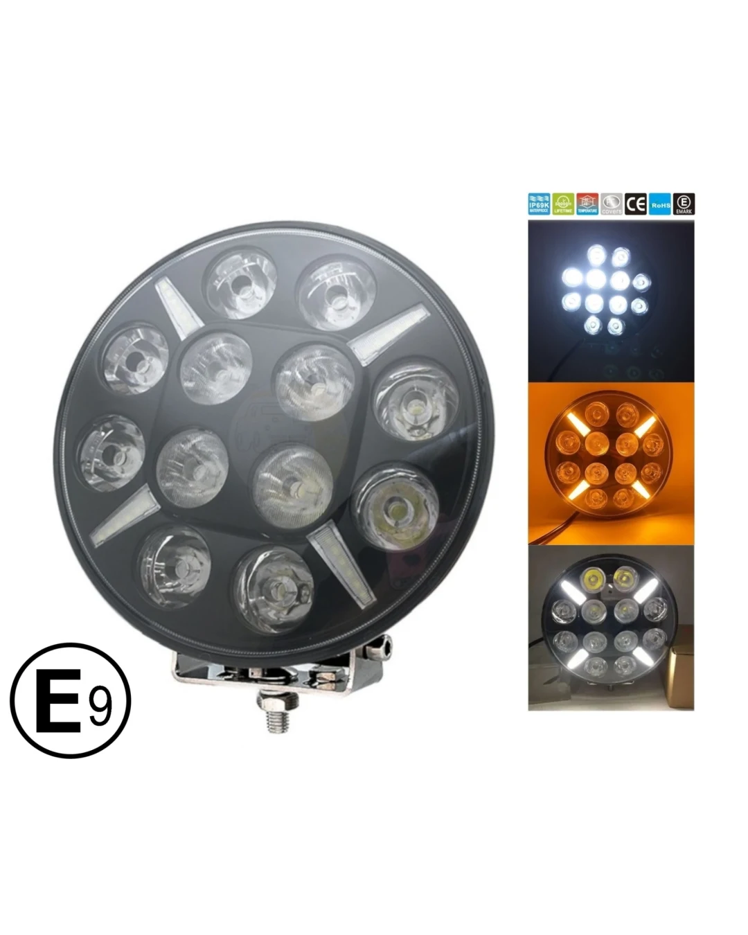 LED Диоден Халоген Dark knight Фар с DRL бяло - жълто оранжев габарит Ø 218мм 12V - 24V E-mark E9 за Джип Камион Трактор Багер Земеделски Машини и др.