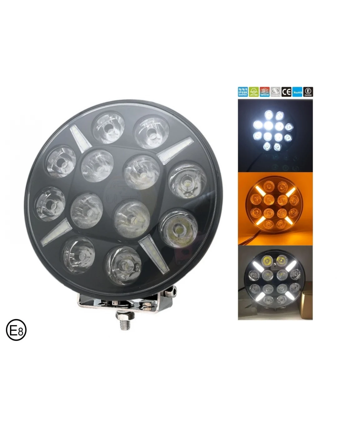 LED Диоден Халоген Фар Бял Оранжев Габарит Ø 218 мм 12V 24V 12 Диода за джип камион трактор багер