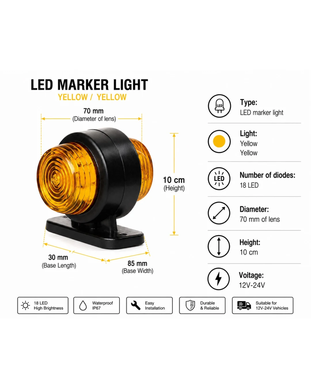 LED Габарит маркер тип рогче 12V - 24V, IP67, Страничен Габарит за Камион, Ремарке, Полуремарке, Каравана и Специализирана Техника
