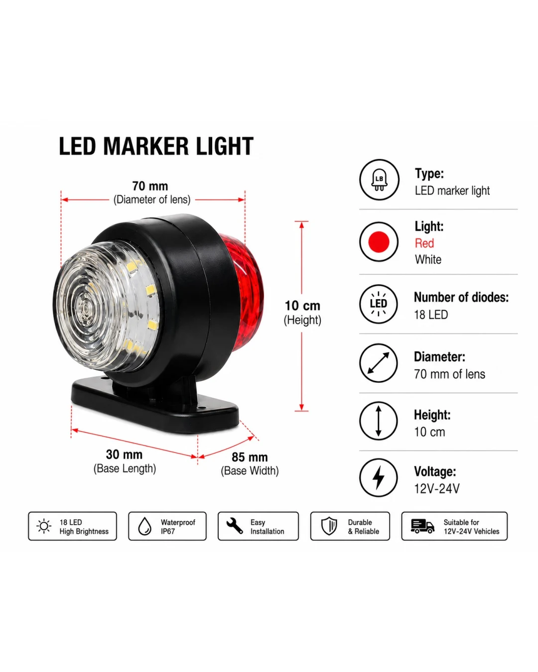 LED габарит маркер тип рогче 12V / 24V, IP67, За Камион, Ремарке, Полуремарке, Каравана и Специализирана Техника