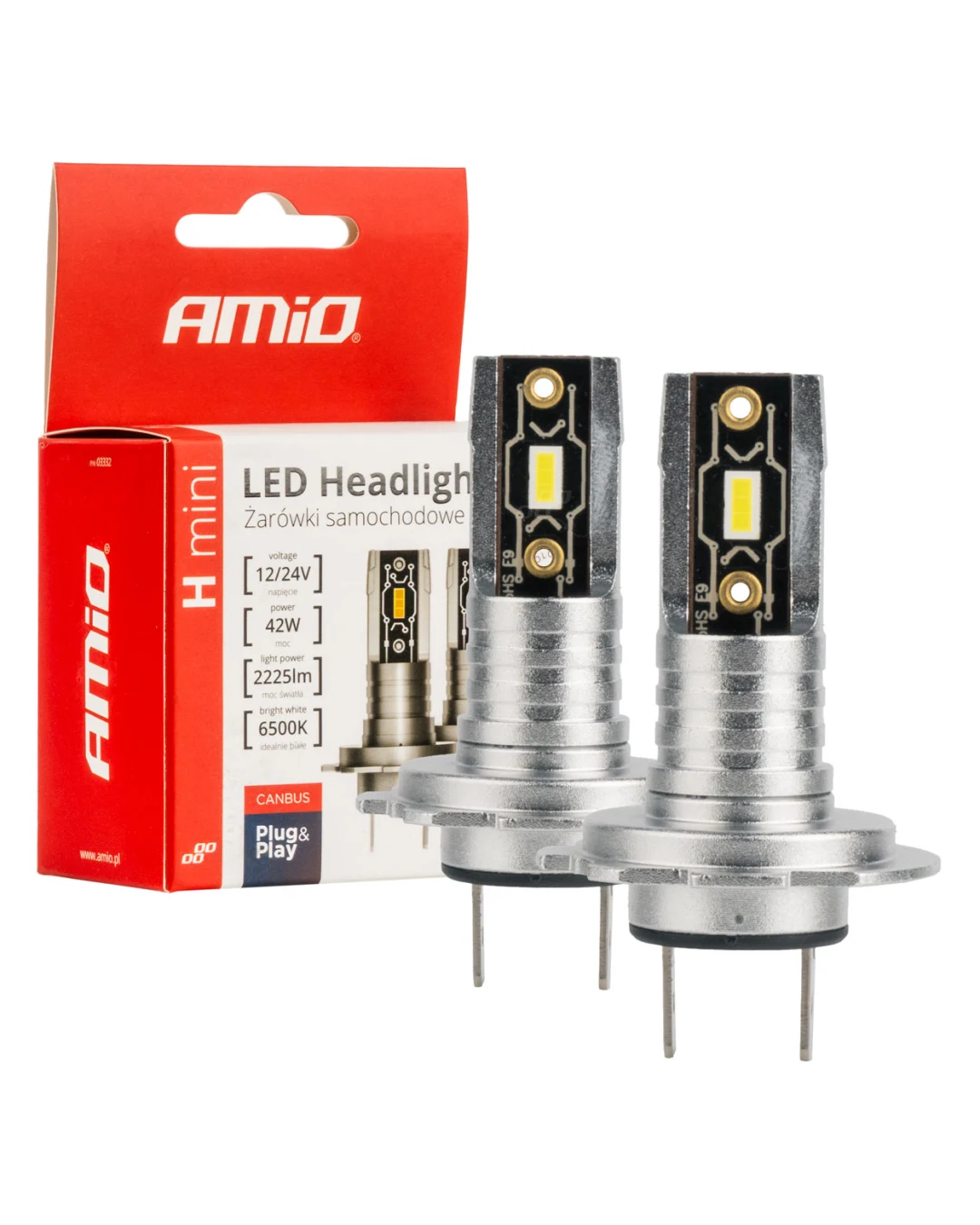 LED Крушки H7 / H18 AMiO H-Mini Series, 42W, 6500K Бяла Светлина, CANBUS, E9 R10, 12V / 24V, Комплект 2 Броя