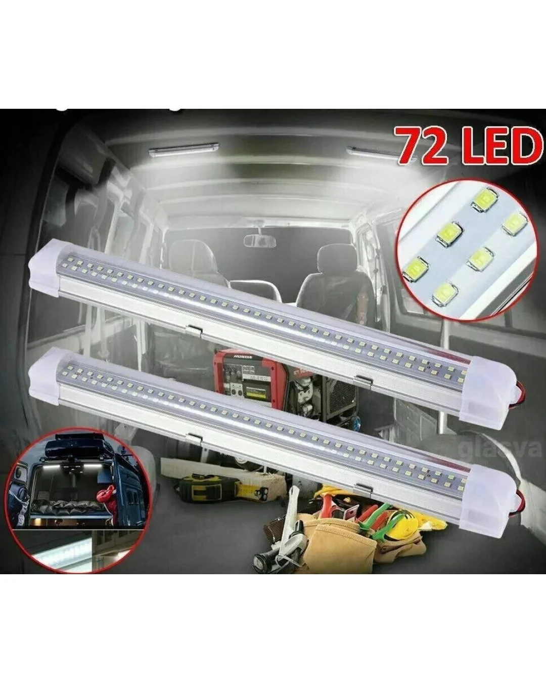 LED Лампа бяла светлина 72 LED, 12V, 6500K, 33 см – Алуминиев корпус, с кабел и букса за свързване