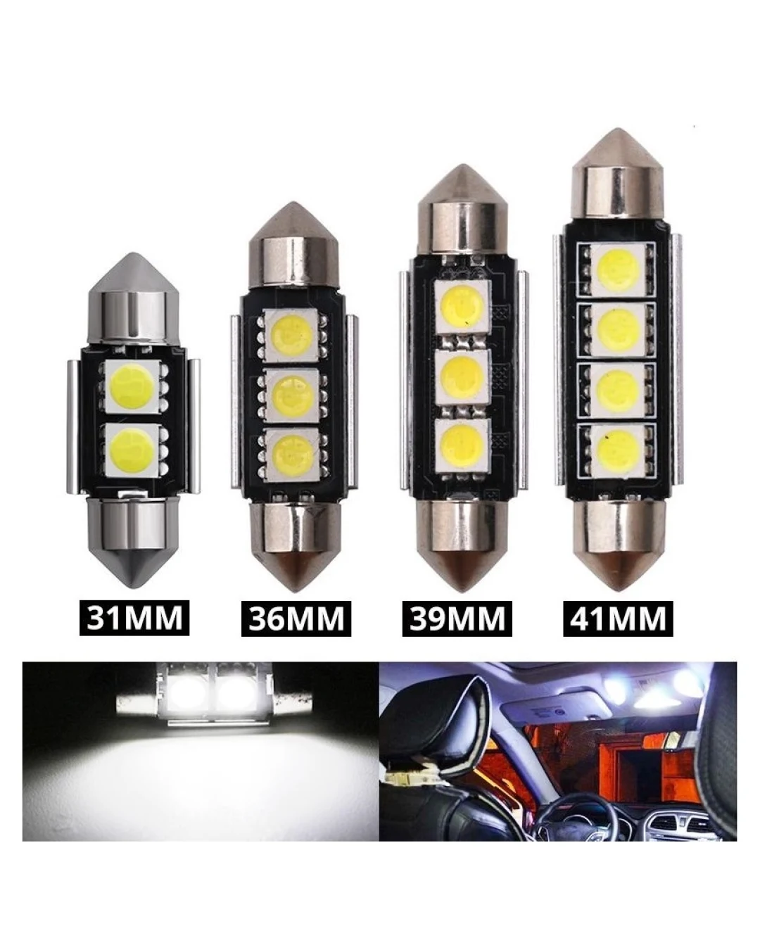 LED Лед Диодни Крушки, 2/3/4 SMD 5050 , 31мм, 36мм, 39мм, 41мм, 12V, Бяла Светлина, Canbus, Error Free, Bez Грешки