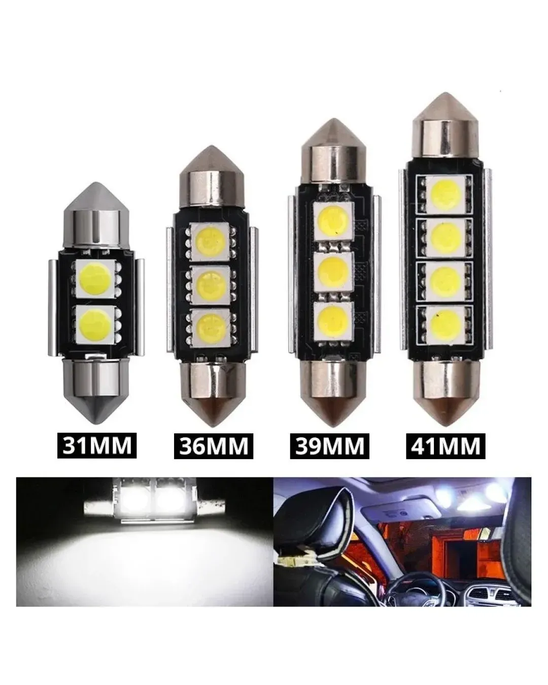 LED Лед Диодни Крушки, 2/3/4 SMD 5050 , 31мм, 36мм, 39мм, 41мм, 12V, Бяла Светлина, Canbus, Error Free, Bez Грешки