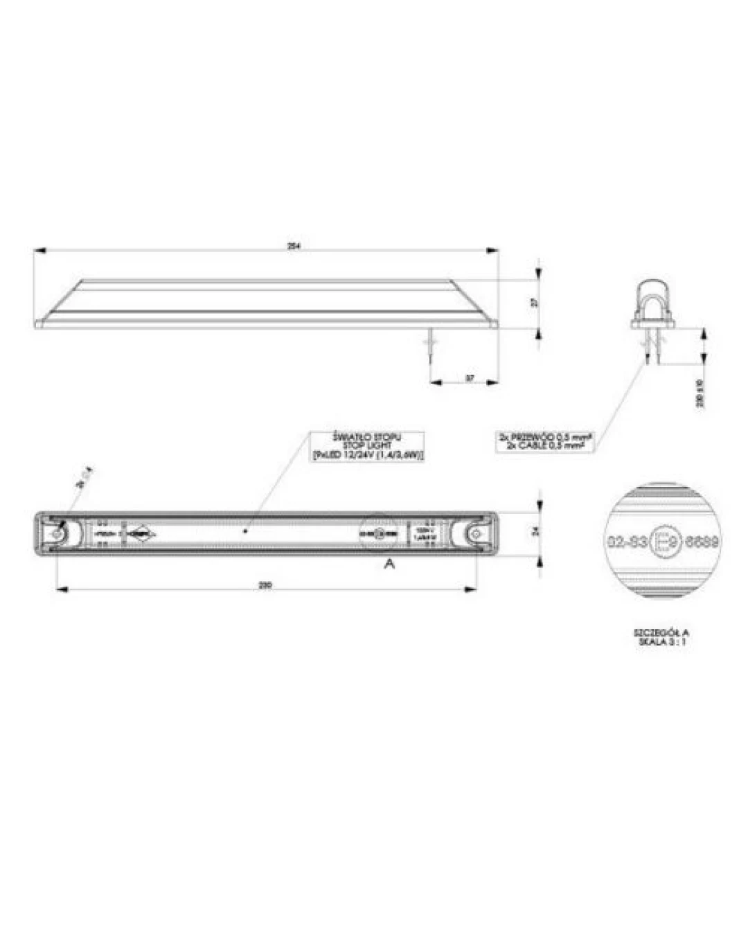LED Лед Трети Стоп, Маркер, Габарит, 24см, 12V - 24V, 9 Диода,Червена Светлина, Е-Mark