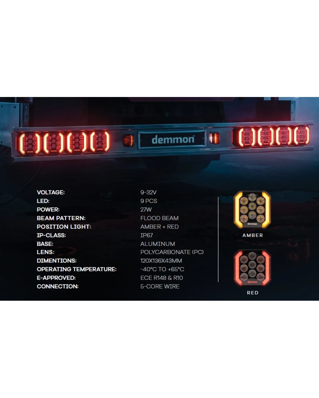 LED Стоп-Халоген Demmon 6 27W E-MARK (ECE R148/R10) IP67, 9-32V Разпръсната светлина, Червен Стоп /Габарит и Динамичен Оранжев Мигач