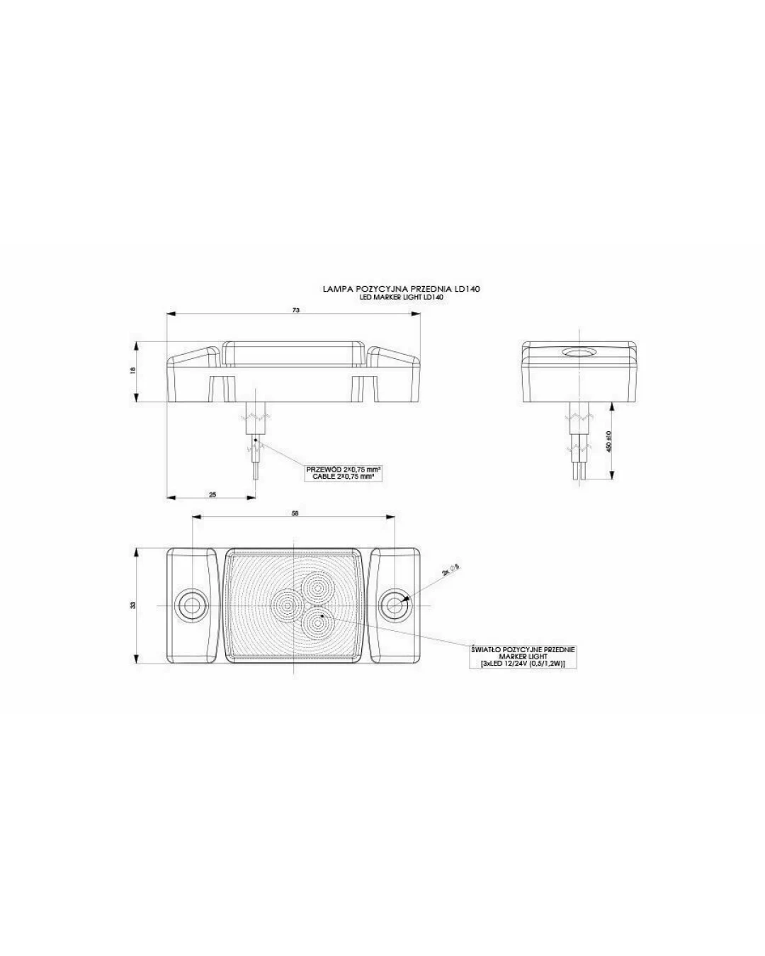 LED Светодиоден Габарит, Маркер, Токос, Бял, Е-Mark, 3 LED, 12V-24V, 7.3 см