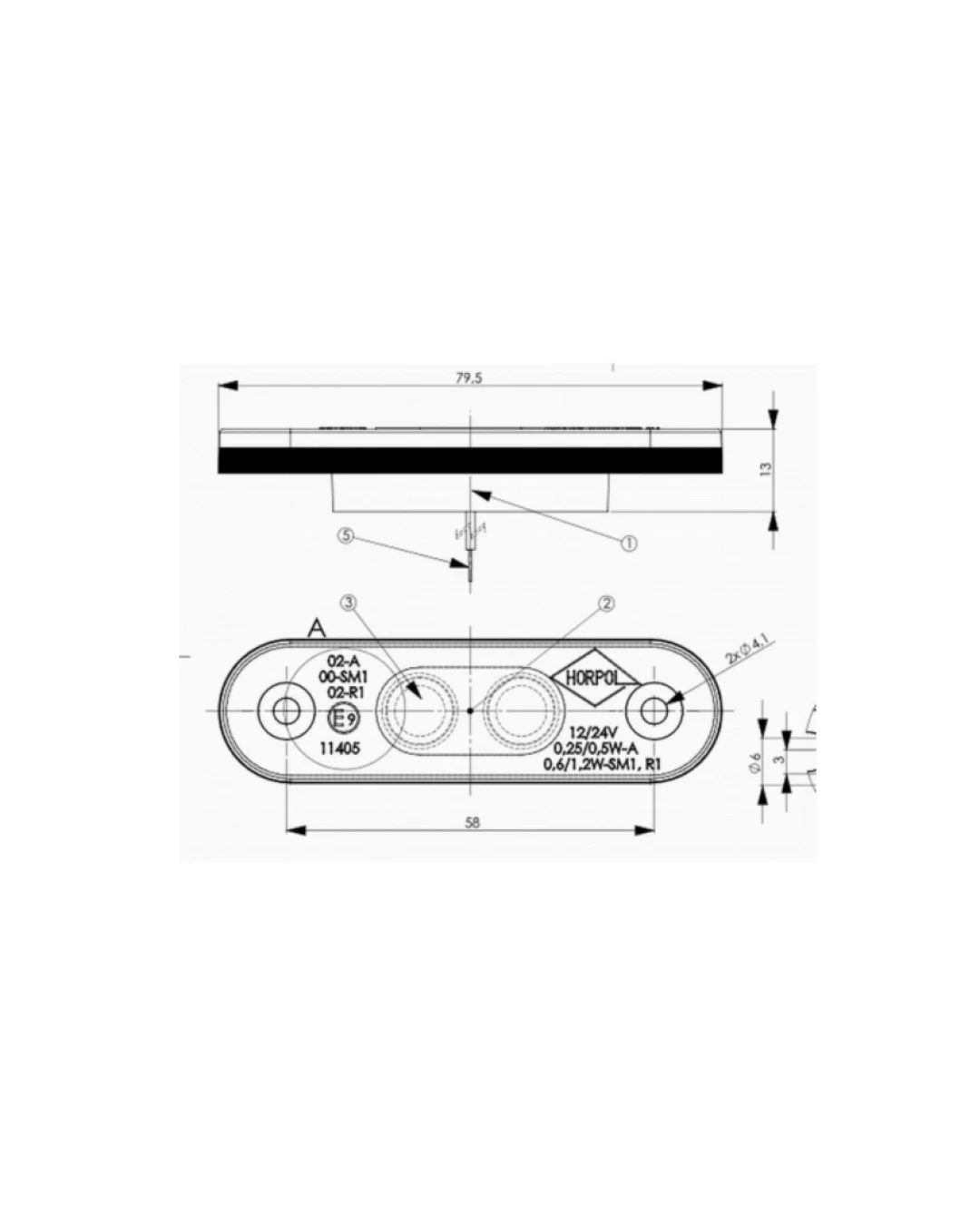 LED Светодиоден Габарит, Маркер, Токос, Бял, Овален, Е-Mark, 3 LED, 12V-24V, 8 см
