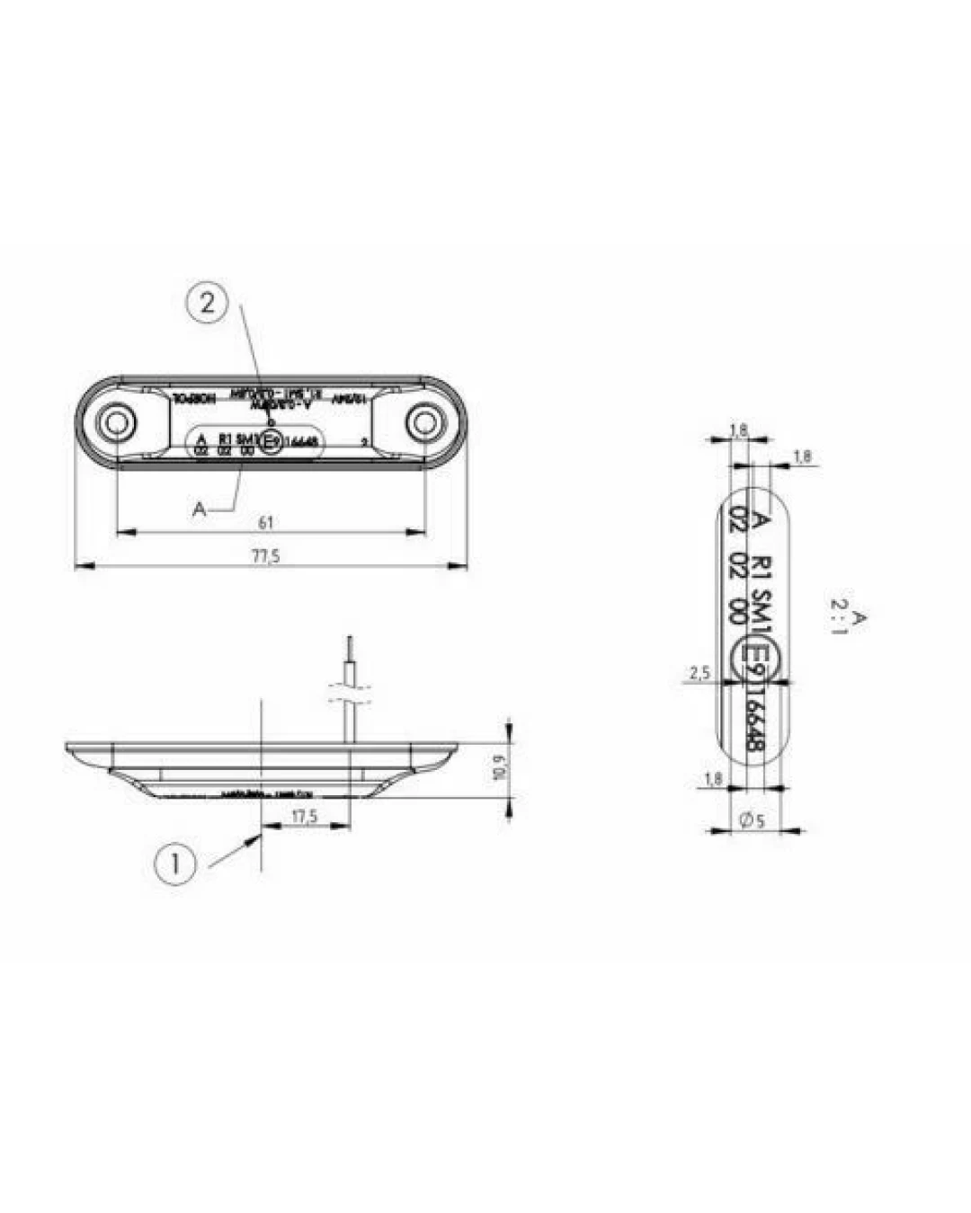 LED Светодиоден Габарит, Маркер, Токос, Бял, Овален, Е-Mark, 4 LED, 12V-24V, 8 см