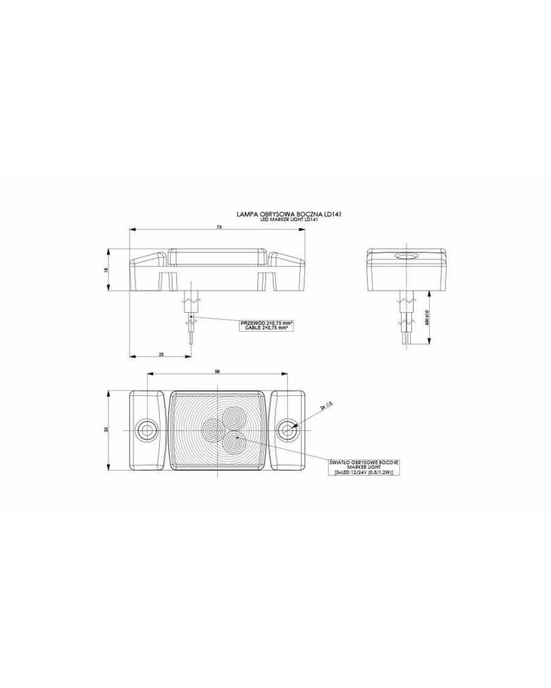 LED Светодиоден Габарит, Маркер, Токос, Червен, Е-Mark, 3 LED, 12V-24V, 7.3 см