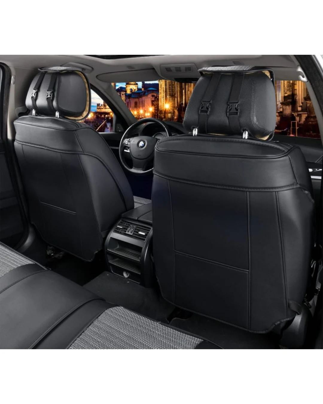 Лукс Универсална Кожа и Плат Тапицерия Сиво и Черно/ Калъфи за предни седалки TAP850