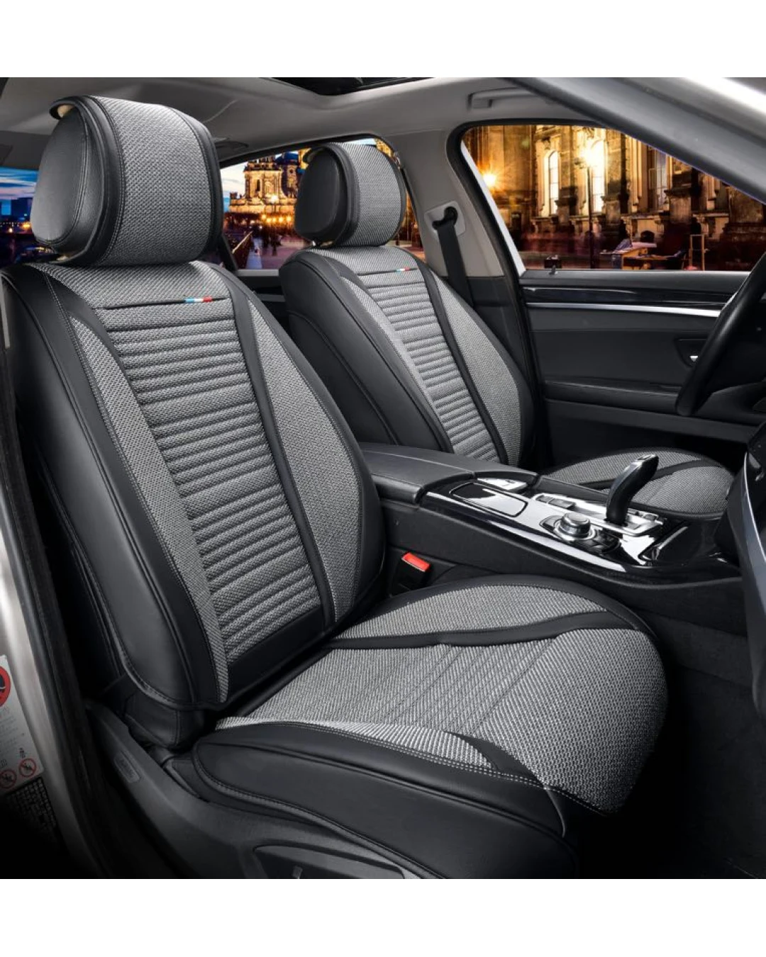 Лукс Универсална Кожа и Плат Тапицерия Сиво и Черно/ Калъфи за предни седалки TAP850