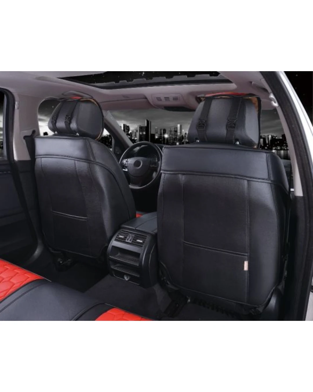 Лукс Универсална Кожена Тапицерия / Калъфи за предни седалки Еко Кожа Черна с Червен Шев TAP803