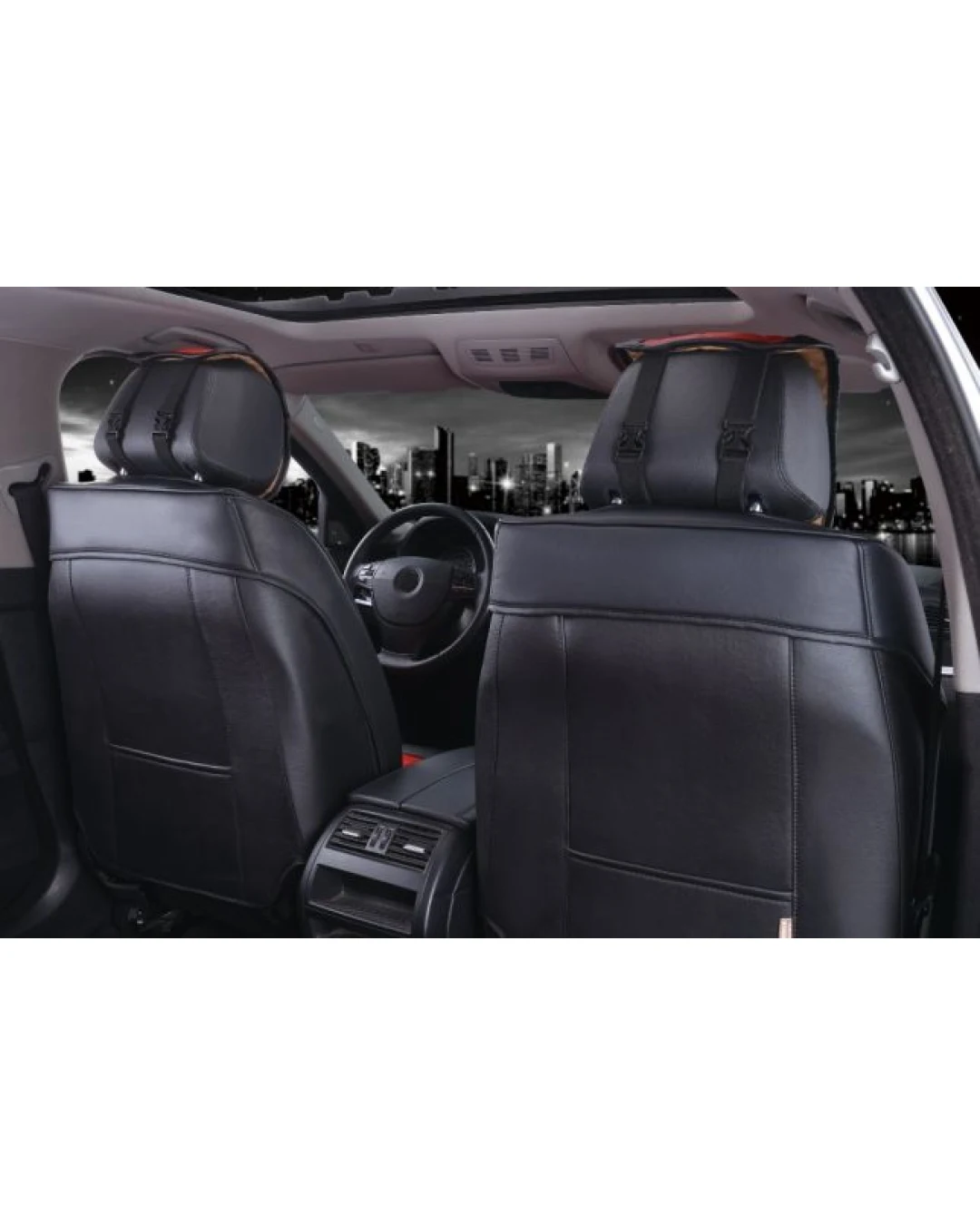 Лукс Универсална Кожена Тапицерия / Калъфи за предни седалки Еко Кожа Черна с Червен Шев TAP846