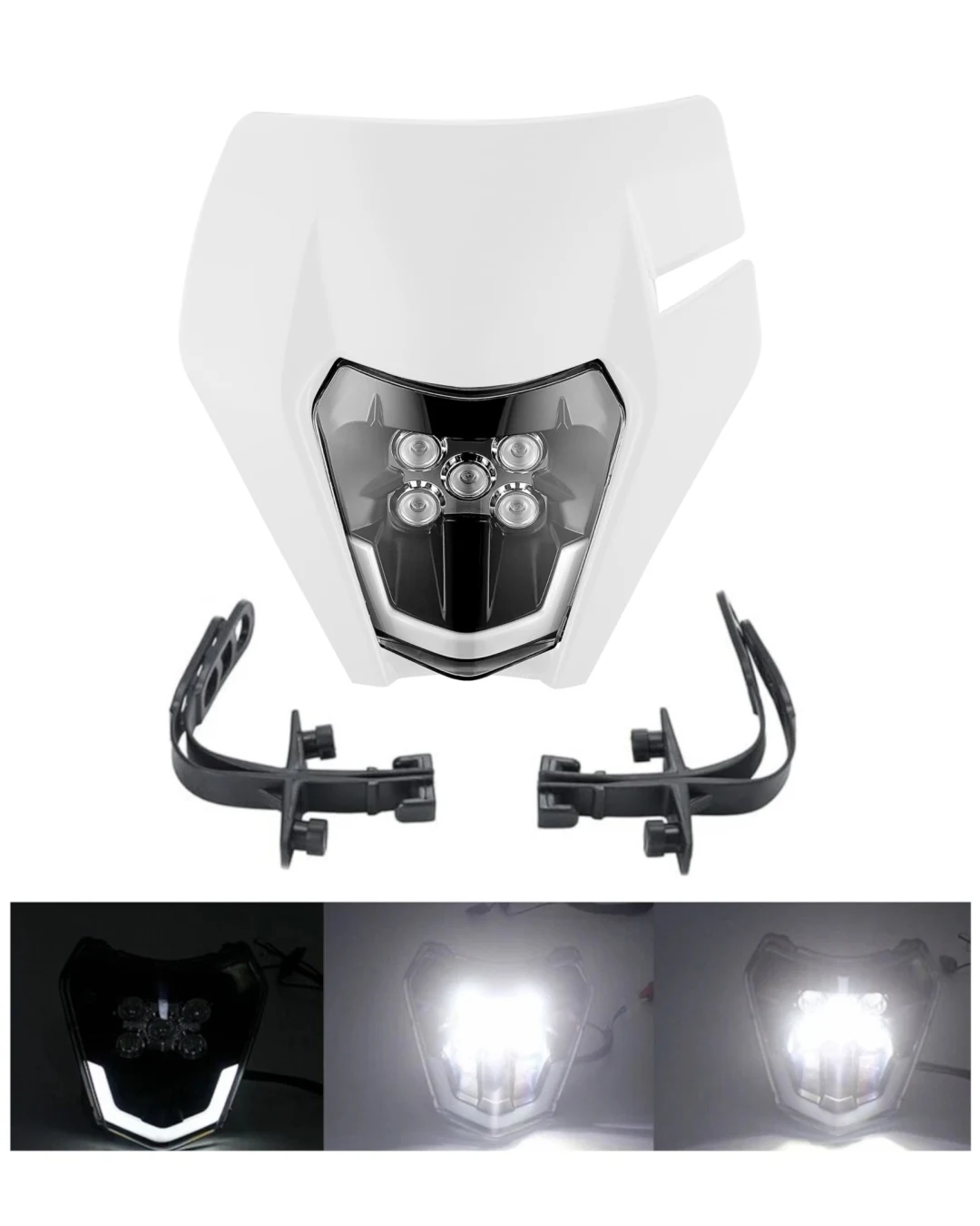 Маска с LED Фар за мотор, мотоциклет Бяла с къси и дълги светлини - Универсален модел за ENDURO / Trail / Streetfighter