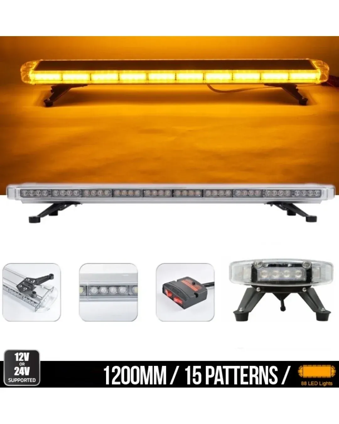 Мощна аварийна сигнална лампа 120см 88 LED ЛЕД блиц маяк буркан лед бар 12-24V със 15 режима на работа жълта за пътна помощ платформа снегорин багер бус ван и др.