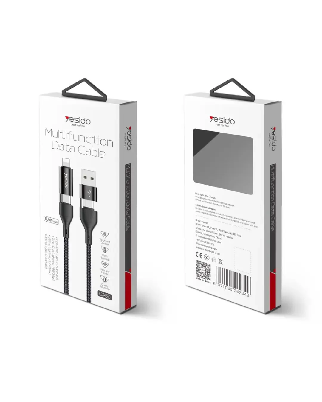 Мултифункционален кабел за телефон YESIDO CA59 USB/USB Type-C/iPhone (max 60W) 1.2 м