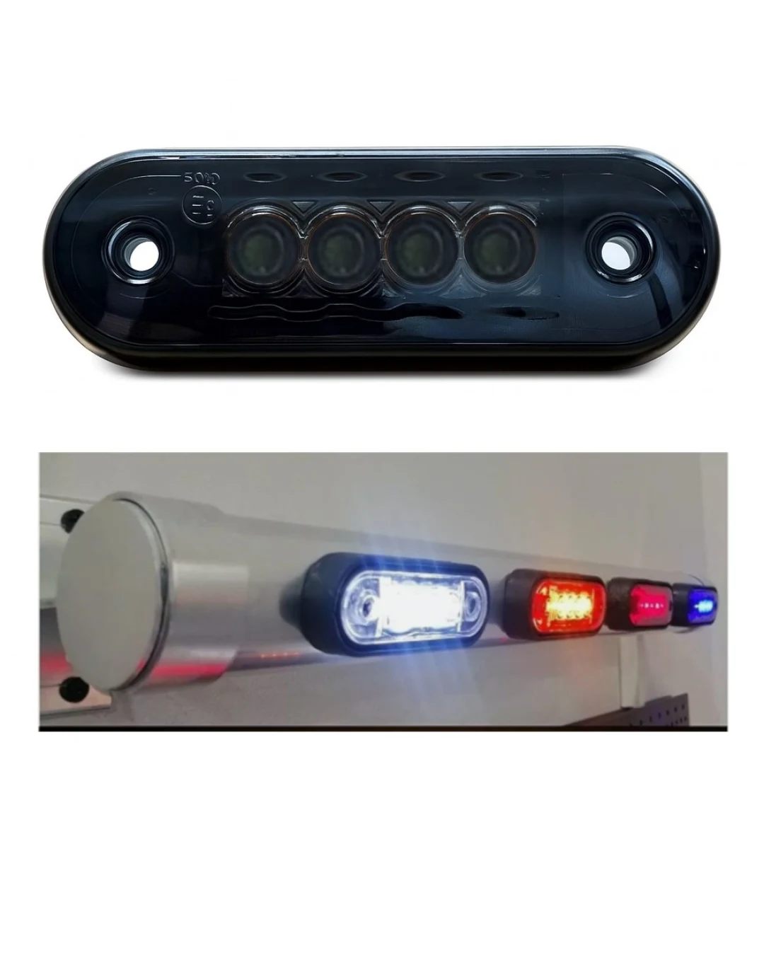 Опушен LED габарит, маркер, токос, Червен, 4 диода, 12V-24V - с извит гръб за монтаж на Ролбар, Булбар