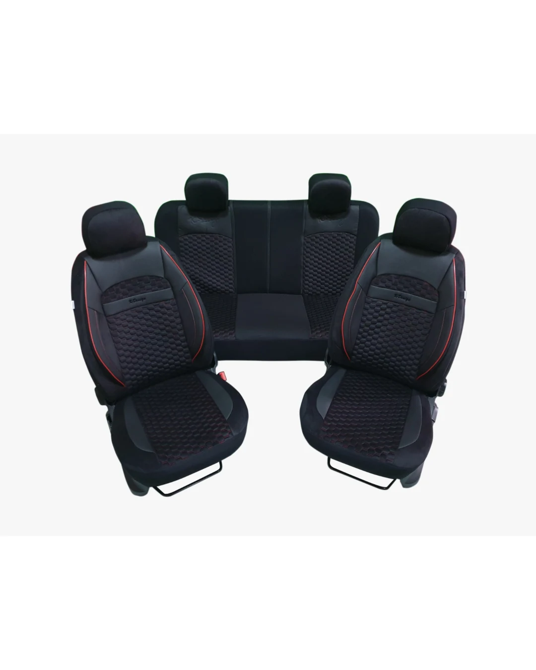 Пълен комплект DELUXE тапицерия/калъфи от еко кожа и текстил - черо с червен кант и конец