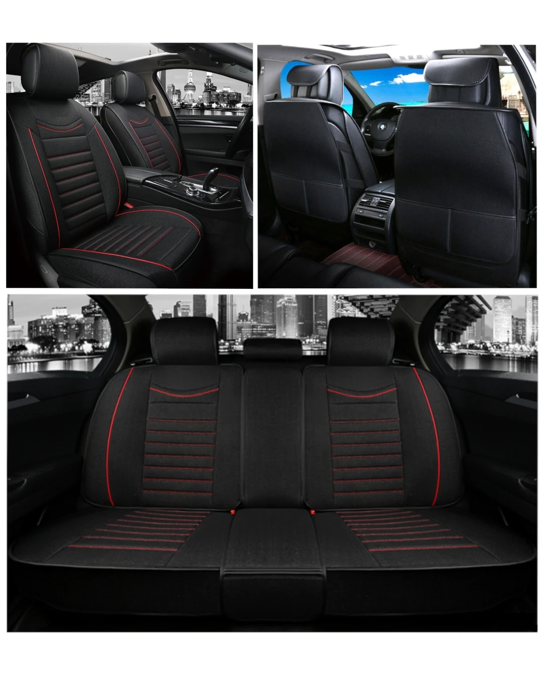 Пълен Комплект Луксозна Авто Тапицерия Калъфи За Седалки Текстил Черна С Червен Шев
