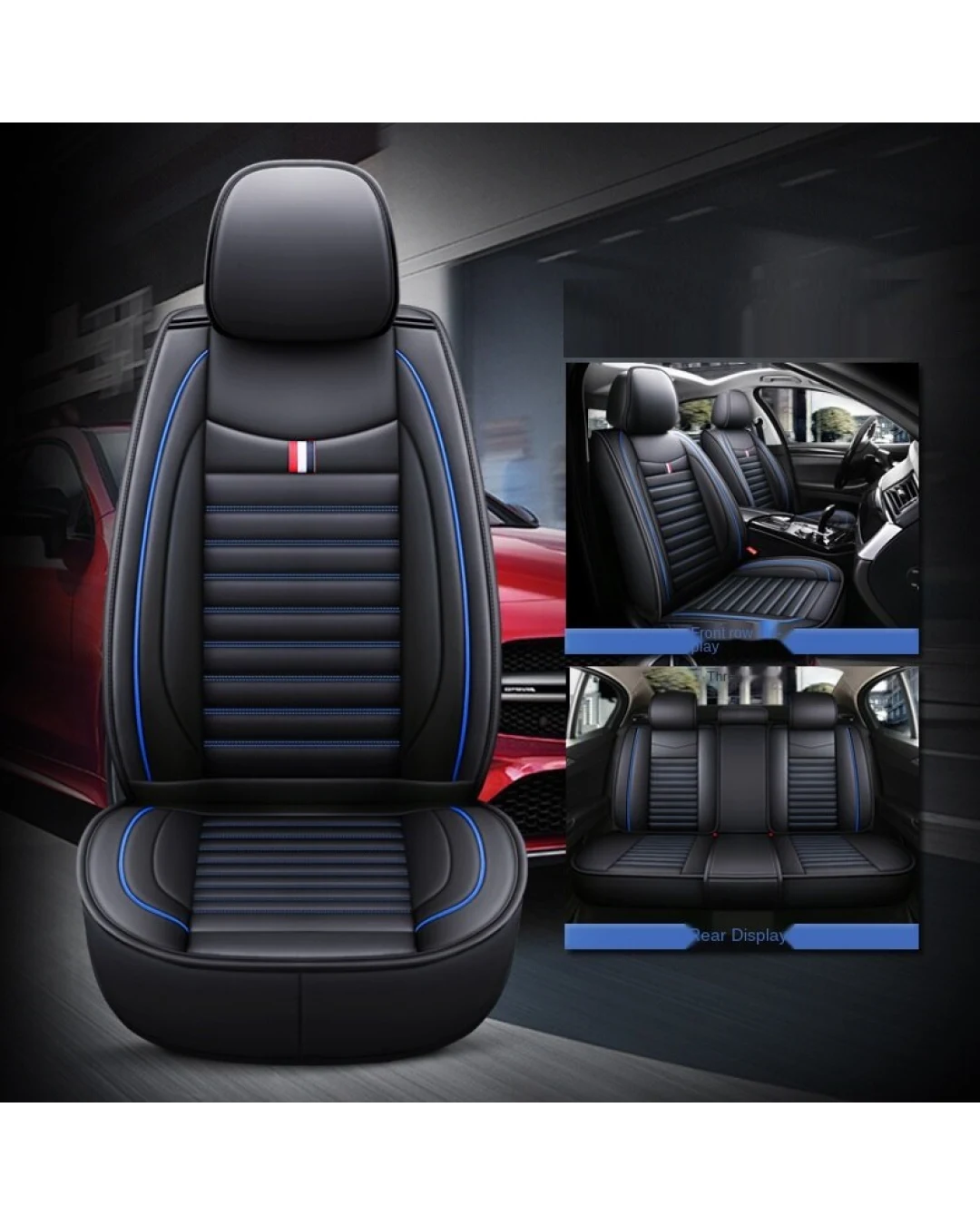 Пълен Комплект Луксозни Калъфи За Седалки Универсална Авто Тапицерия Черна със Син Шев