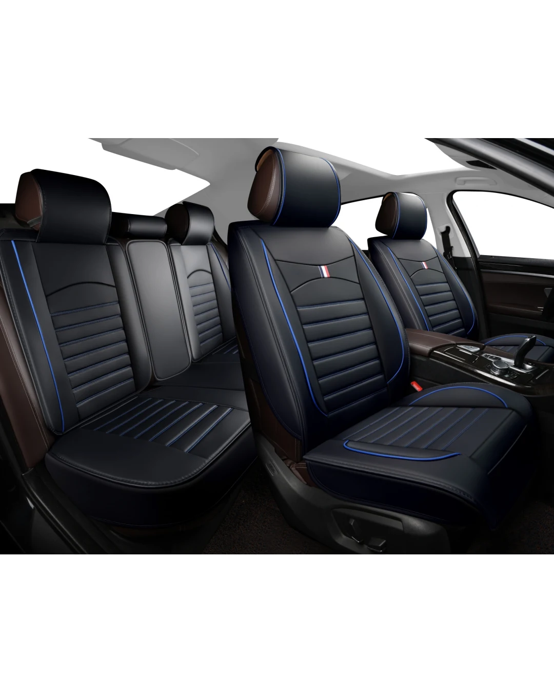 Пълен Комплект Луксозни Калъфи За Седалки Универсална Авто Тапицерия Черна със Син Шев
