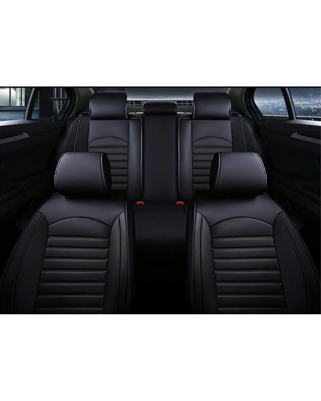 Пълен Комплект Луксозни Калъфи за Седалки Универсална Кожена Тапицерия Черна Еко Кожа с Черен Шев