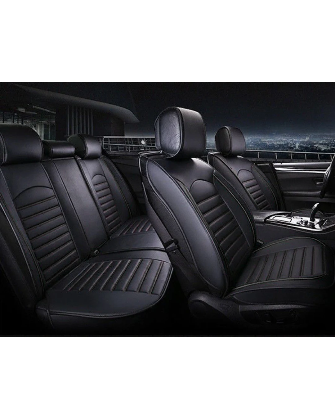 Пълен Комплект Луксозни Калъфи за Седалки Универсална Кожена Тапицерия Черна Еко Кожа с Черен Шев