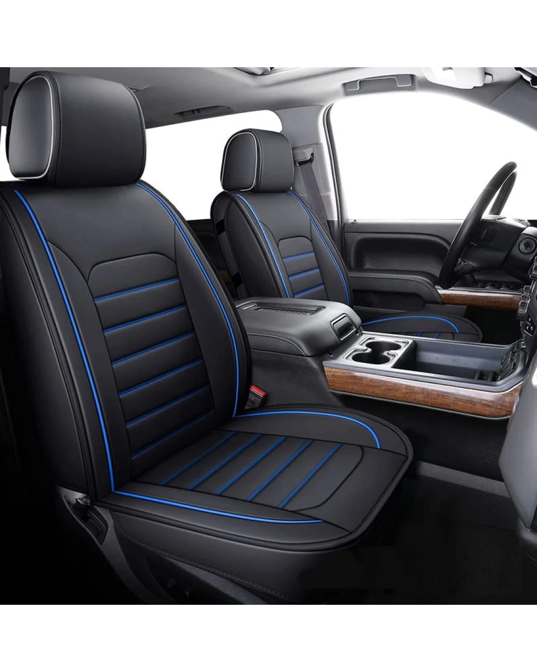 Пълен Комплект Луксозни Калъфи за Седалки Универсална Кожена Тапицерия Черна Еко Кожа със Син Шев