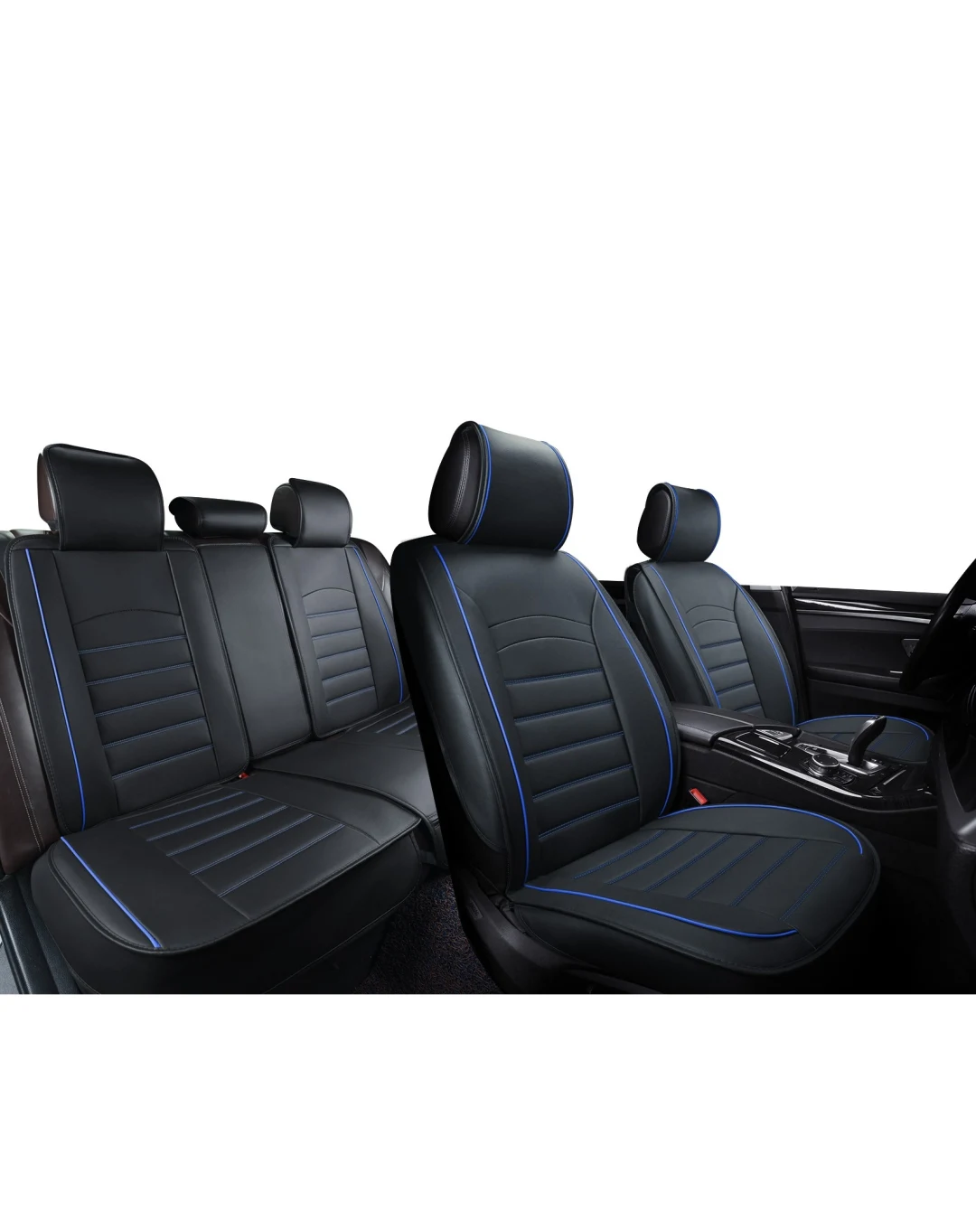 Пълен Комплект Луксозни Калъфи за Седалки Универсална Кожена Тапицерия Черна Еко Кожа със Син Шев