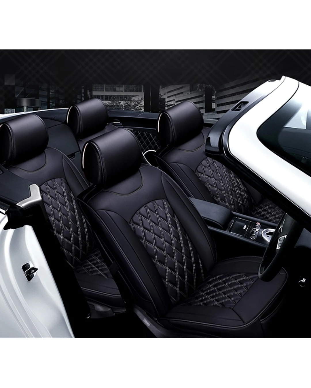 Пълен Комплект Луксозни Калъфи за Седалки Универсална Кожена Тапицерия Черна Еко Кожа със Сив Шев