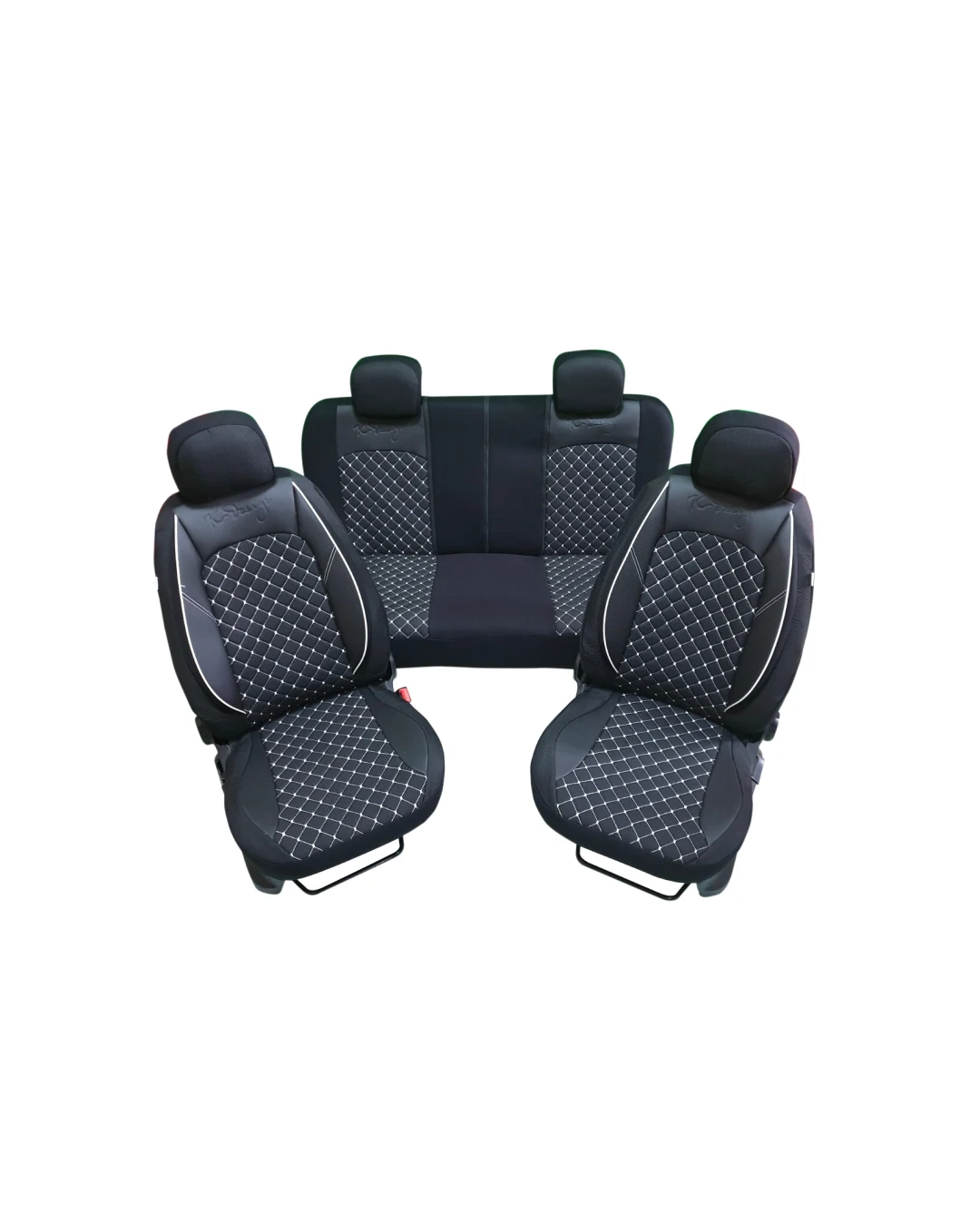 Пълен комплект PREMIUM тапицерия/калъфи от еко кожа и текстил - черен цвят с бял шев