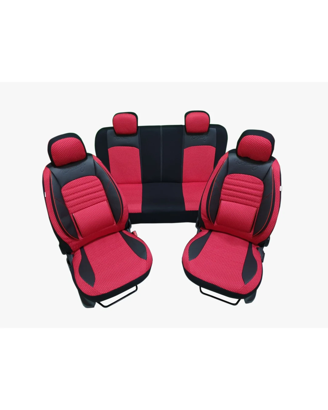 Пълен комплект тапицерия/калъфи от еко кожа и текстил - BALLANCE - с възглавничка за лумбална опора на кръста - черно с червено