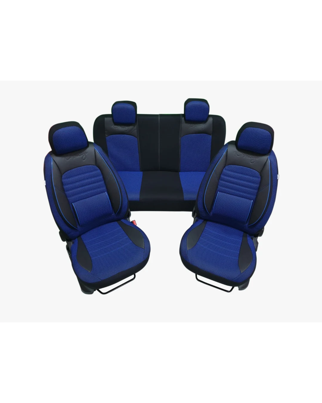 Пълен комплект тапицерия/калъфи от еко кожа и текстил - BALLANCE - с възглавничка за лумбална опора на кръста - черно със синьо