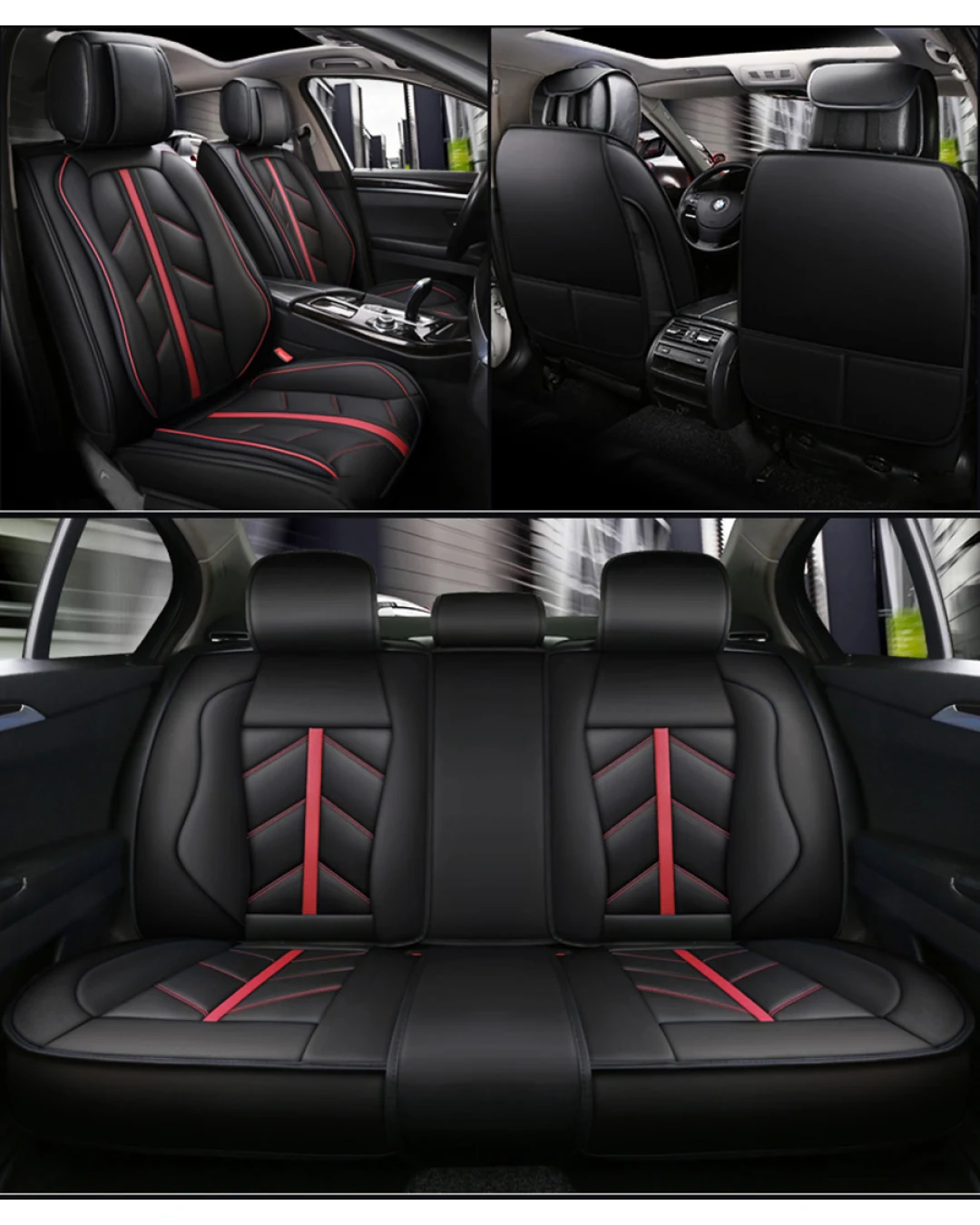 Пълен Комплект Универсална Авто Тапицерия, Еко Кожа, Лукс, Sport, Черно-Червено