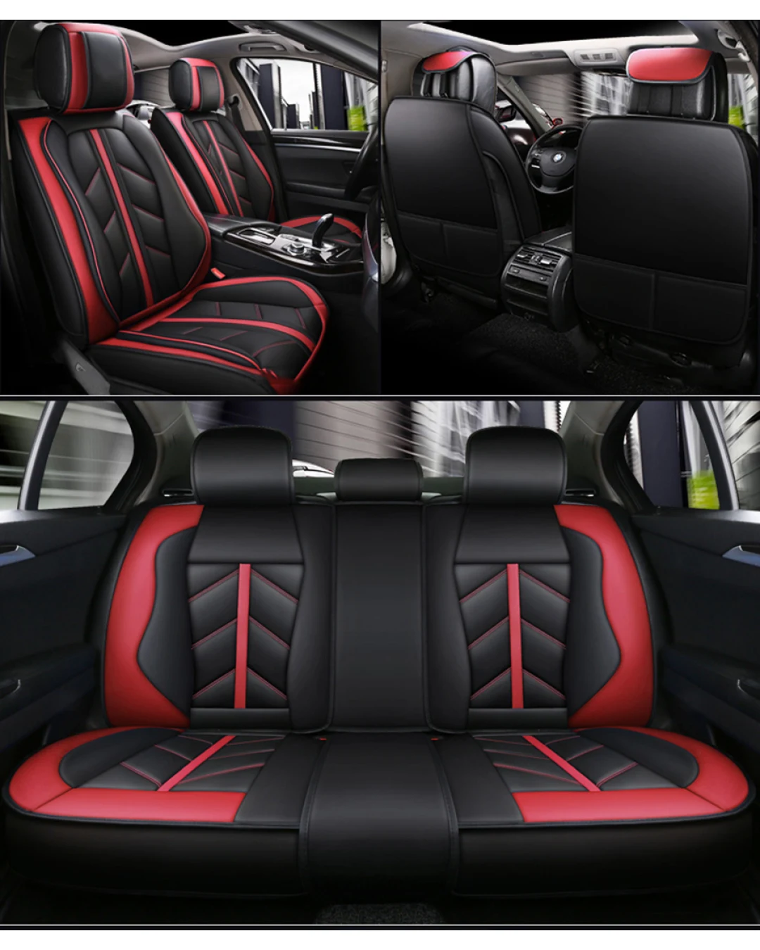 Пълен Комплект Универсална Авто Тапицерия, Еко Кожа, Лукс, Sport, Червено - Черно