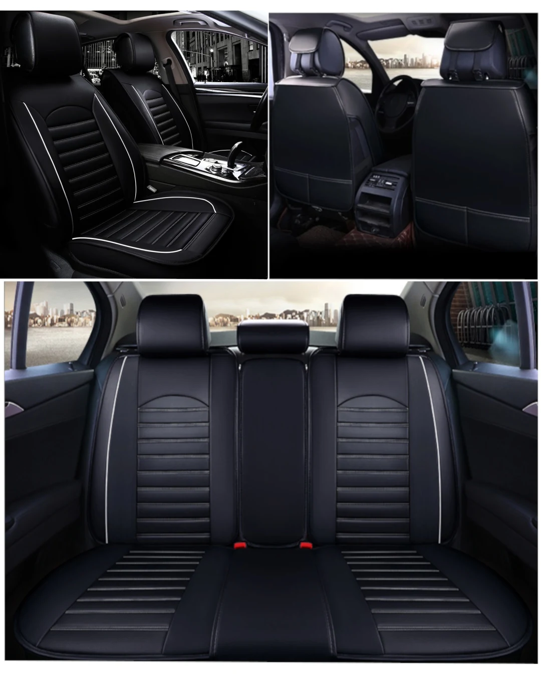 Пълен Kомплект Универсална Кожена Тапицерия, Калъфи За Предни и Задна Седалки, Еко Кожа, Черна с Бял Кант и Шевове