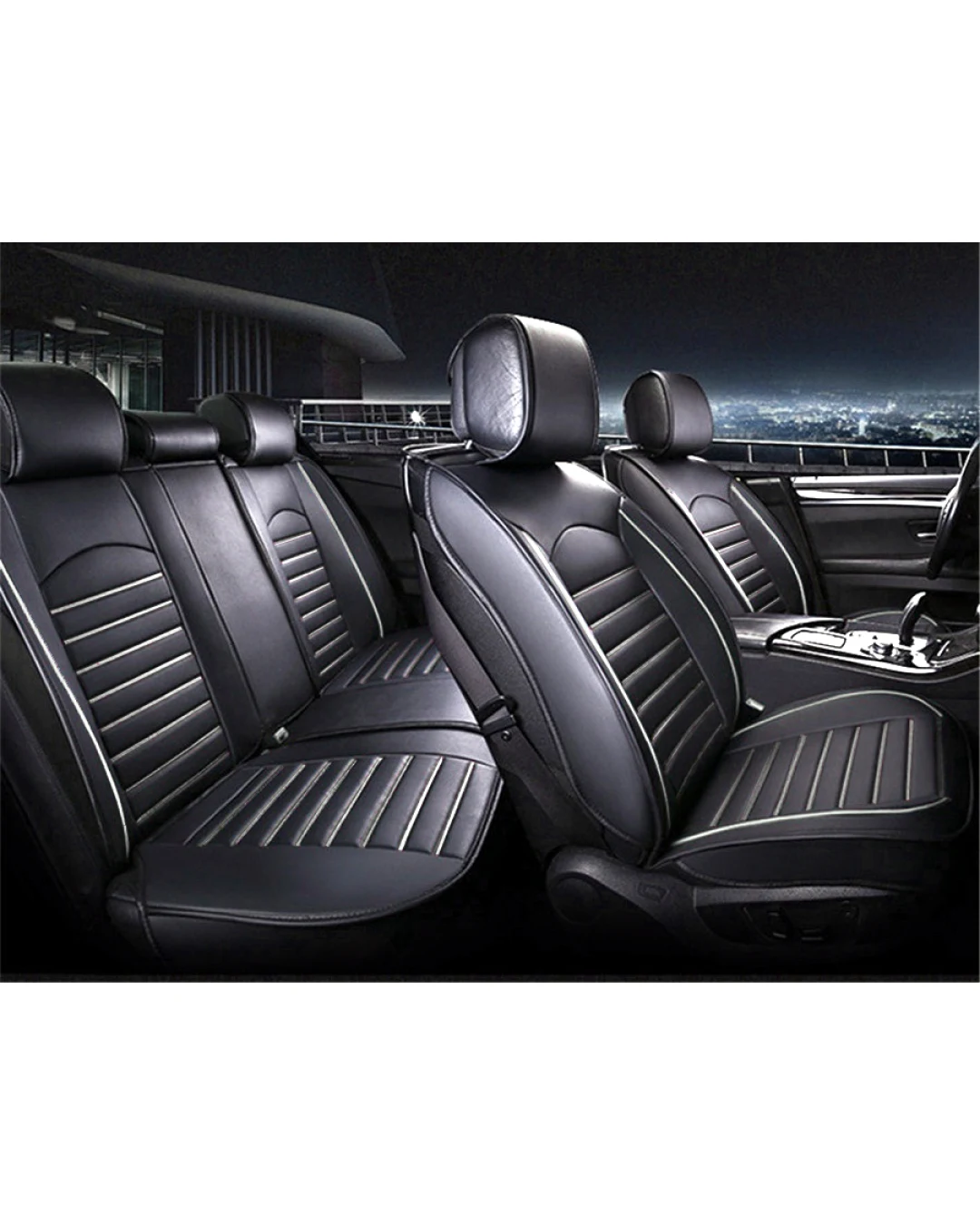 Пълен Kомплект Универсална Кожена Тапицерия, Калъфи За Предни и Задна Седалки, Еко Кожа, Черна с Бял Кант и Шевове