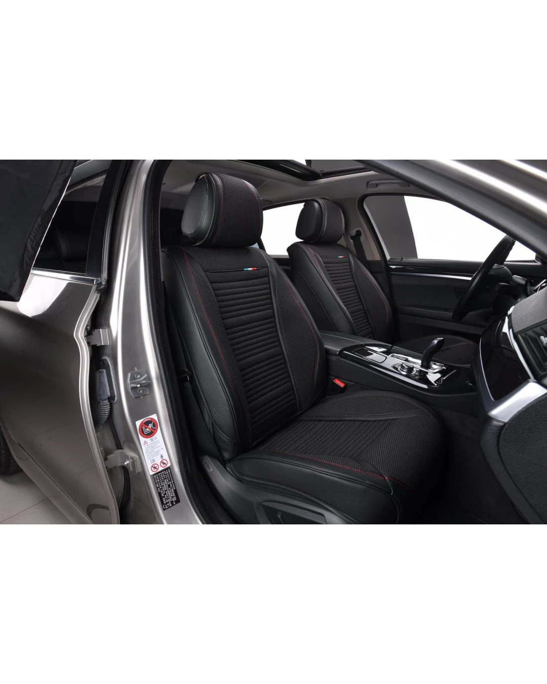 Пълен Комплект Универсална Тапицерия, Калъфи За Автомобилни Седалки Лукс Еко Кожа и Текстил Черно с Червен конец