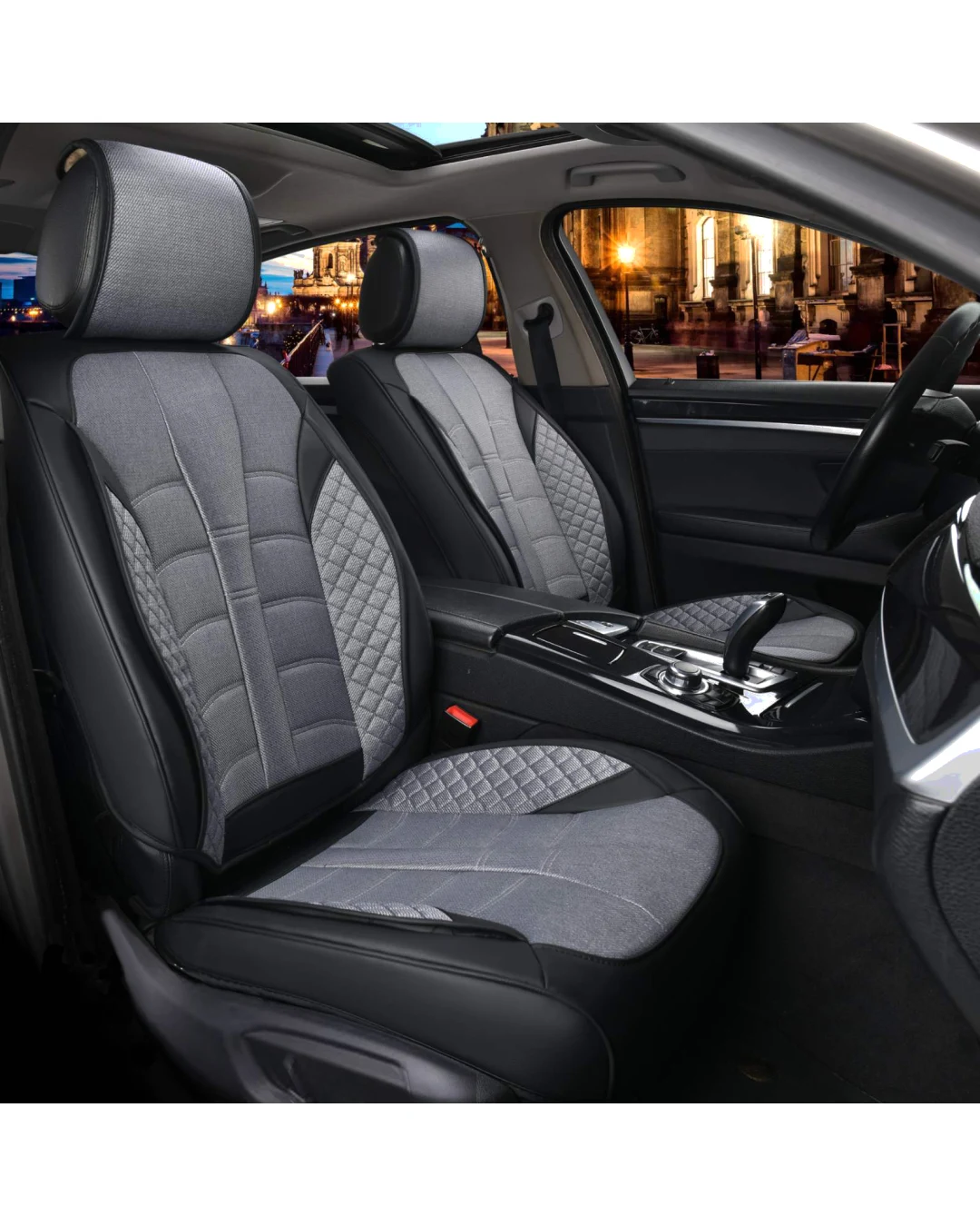 Пълен Комплект Универсална Тапицерия, Калъфи За Автомобилни Седалки Лукс Еко Кожа и Текстил Сиво и Черно TAP892