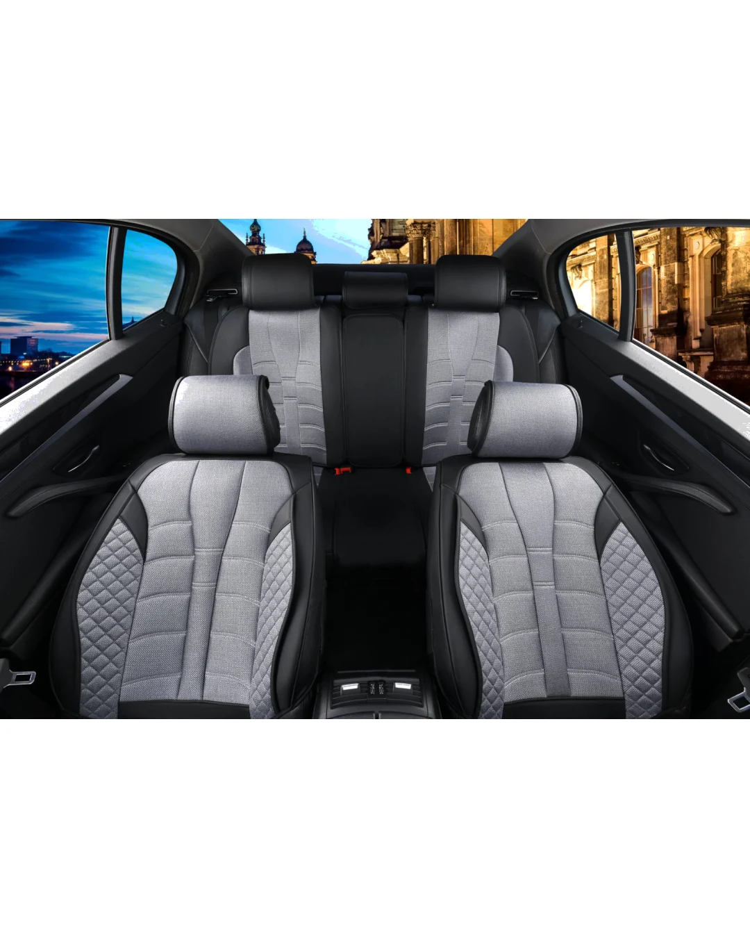 Пълен Комплект Универсална Тапицерия, Калъфи За Автомобилни Седалки Лукс Еко Кожа и Текстил Сиво и Черно TAP892