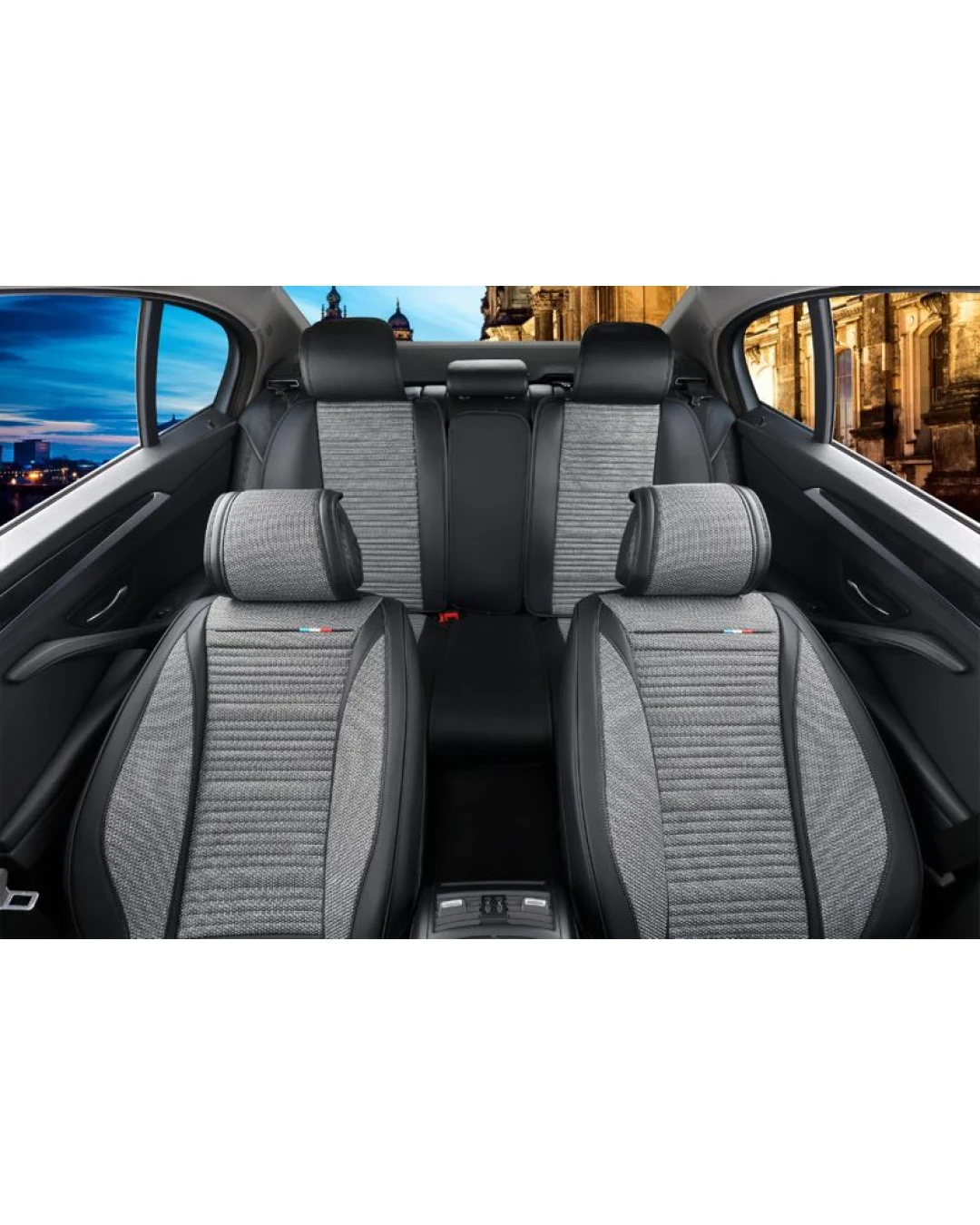 Пълен Комплект Универсална Тапицерия, Калъфи За Автомобилни Седалки Лукс Еко Кожа и Текстил Сиво с Черно TAP895