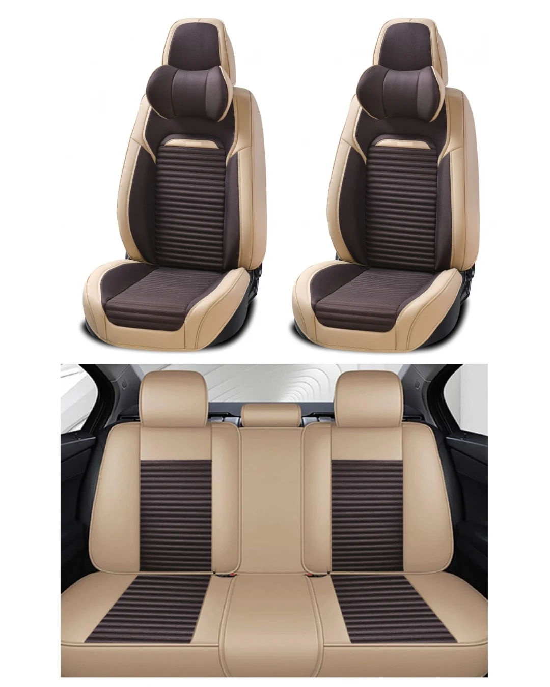 Пълен Комплект Универсална Тапицерия, Калъфи За Автомобилни Седалки Лукс Еко Кожа и Висококачествен Текстил в Бежово и Кафяво (цвят Кафе)