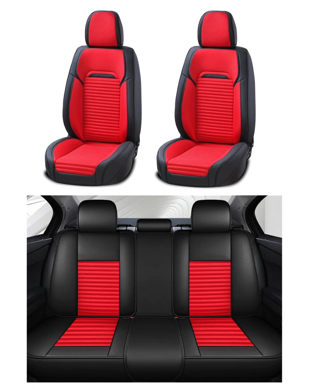 Пълен Комплект Универсална Тапицерия, Калъфи За Автомобилни Седалки Лукс Еко Кожа и Висококачествен Текстил в Черно и Червено