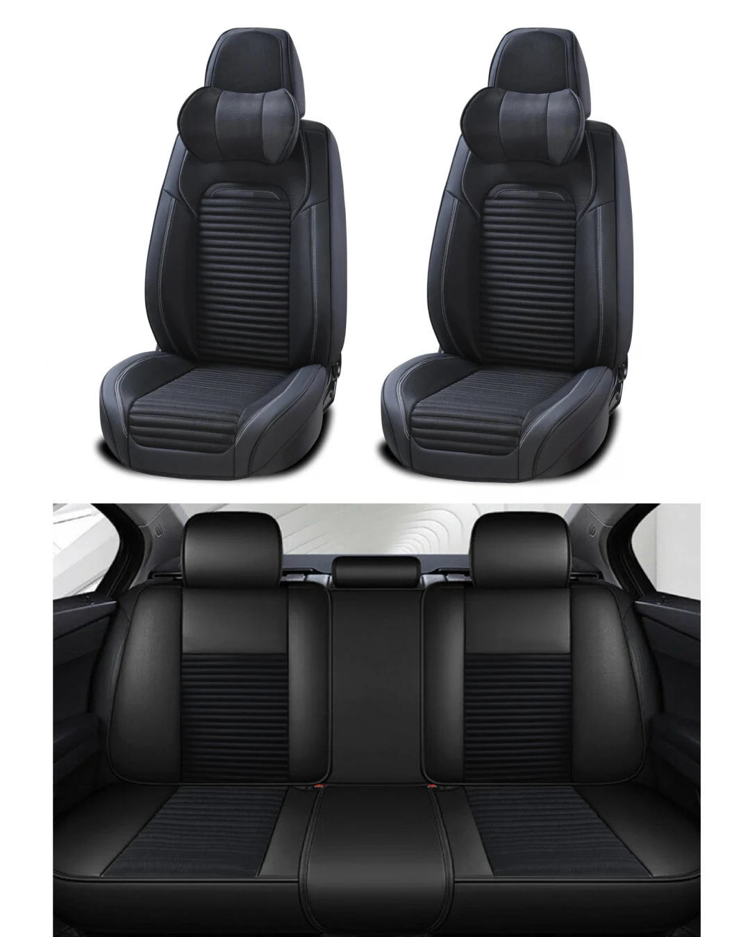 Пълен Комплект Универсална Тапицерия, Калъфи За Автомобилни Седалки Лукс Еко Кожа и Висококачествен Текстил в Черно TAP866