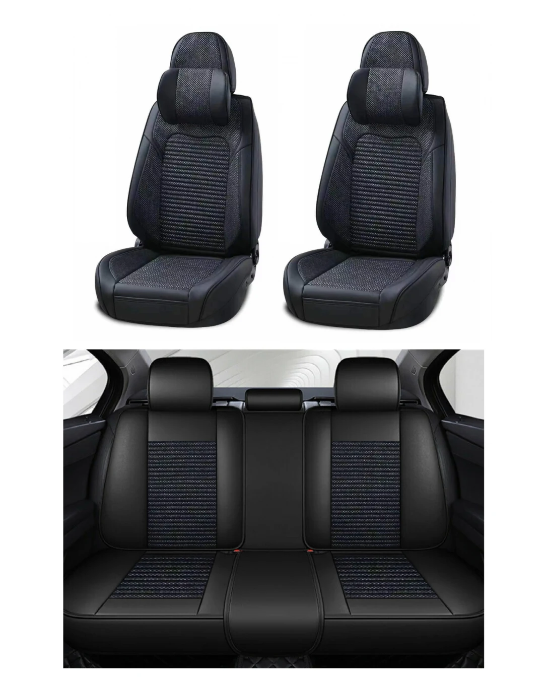Пълен Комплект Универсална Тапицерия, Калъфи За Автомобилни Седалки Лукс Еко Кожа и Висококачествен Текстил в Черно