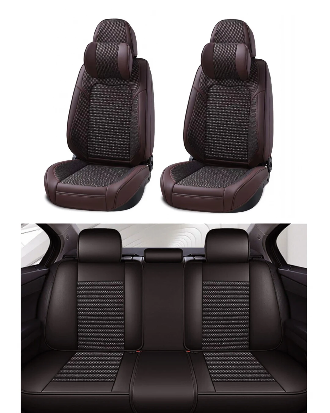 Пълен Комплект Универсална Тапицерия, Калъфи За Автомобилни Седалки Лукс Еко Кожа и Висококачествен Текстил в Кафаво с възглавнички